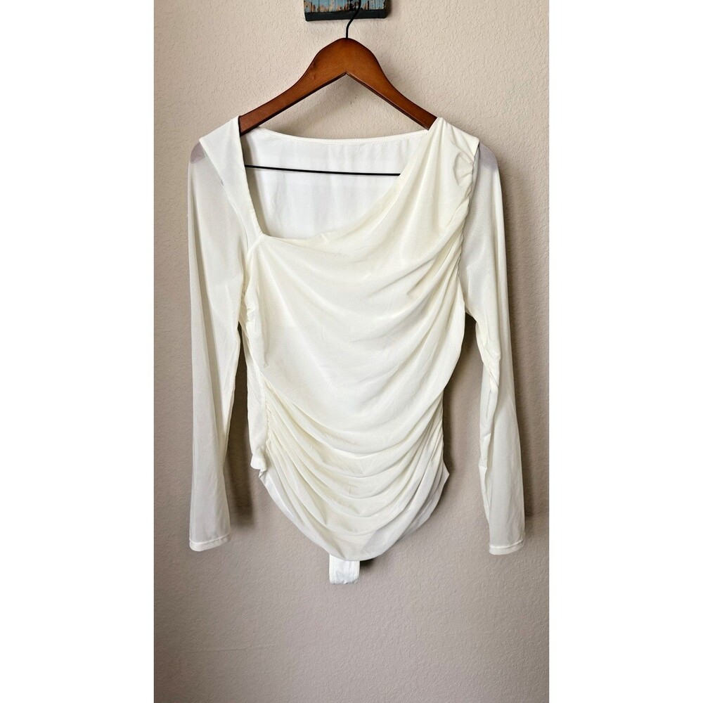Shapellx Size XL Ivory Asymmetrical Drape Neckline Built-in-Bra Ruched Bodysuit